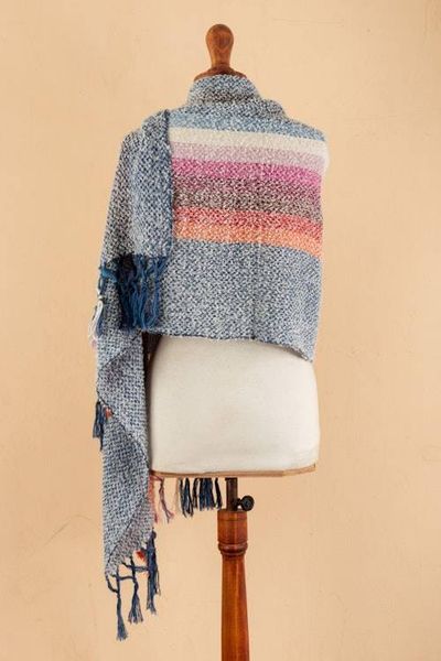 Alternate image for Handwoven Striped Fringed Alpaca Blend Shawl in Azure Clouds on the Horizon