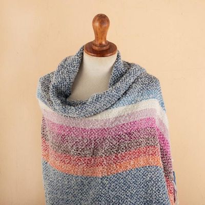 Alternate image for Handwoven Striped Fringed Alpaca Blend Shawl in Azure Clouds on the Horizon