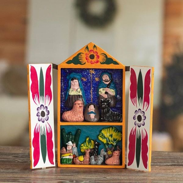 Alternate image for Ceramic Folk Art Religious Retablo Diorama Handmade in Peru Llamas on Christmas Eve