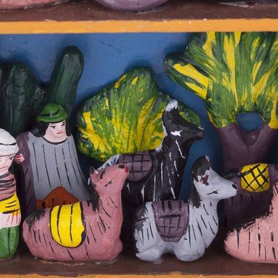 Alternate image for Ceramic Folk Art Religious Retablo Diorama Handmade in Peru Llamas on Christmas Eve