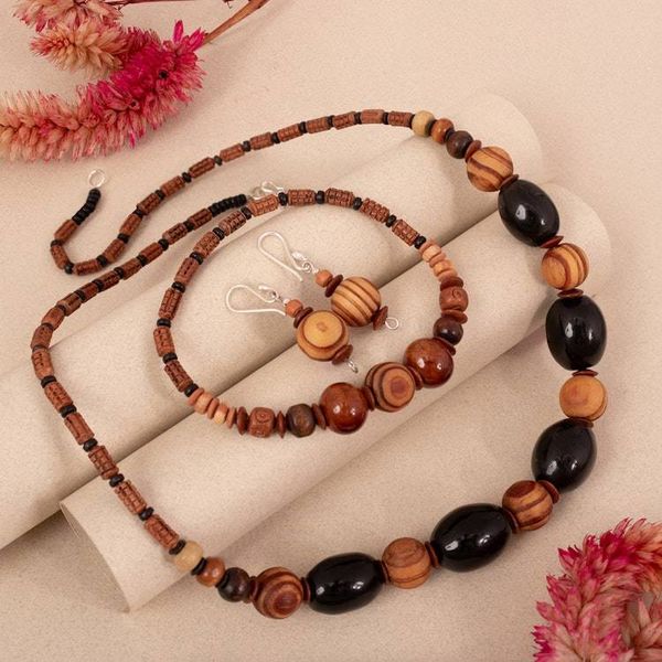 Alternate image for Handmade Earthy-Toned Ceramic and Pinewood Bead Jewelry Set Andean Terra