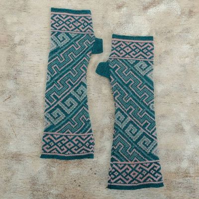 Alternate image for Turquoise 100 Baby Alpaca Unisex Knit Fingerless Mitts Andean Inspiration