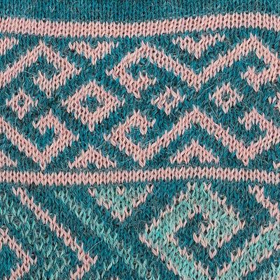 Alternate image for Turquoise 100 Baby Alpaca Unisex Knit Fingerless Mitts Andean Inspiration