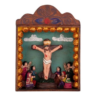 Alternate image for Hand-Painted Wood Ceramic Crucifixion of Christ Retablo Crucifixion