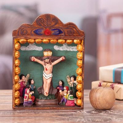 Alternate image for Hand-Painted Wood Ceramic Crucifixion of Christ Retablo Crucifixion