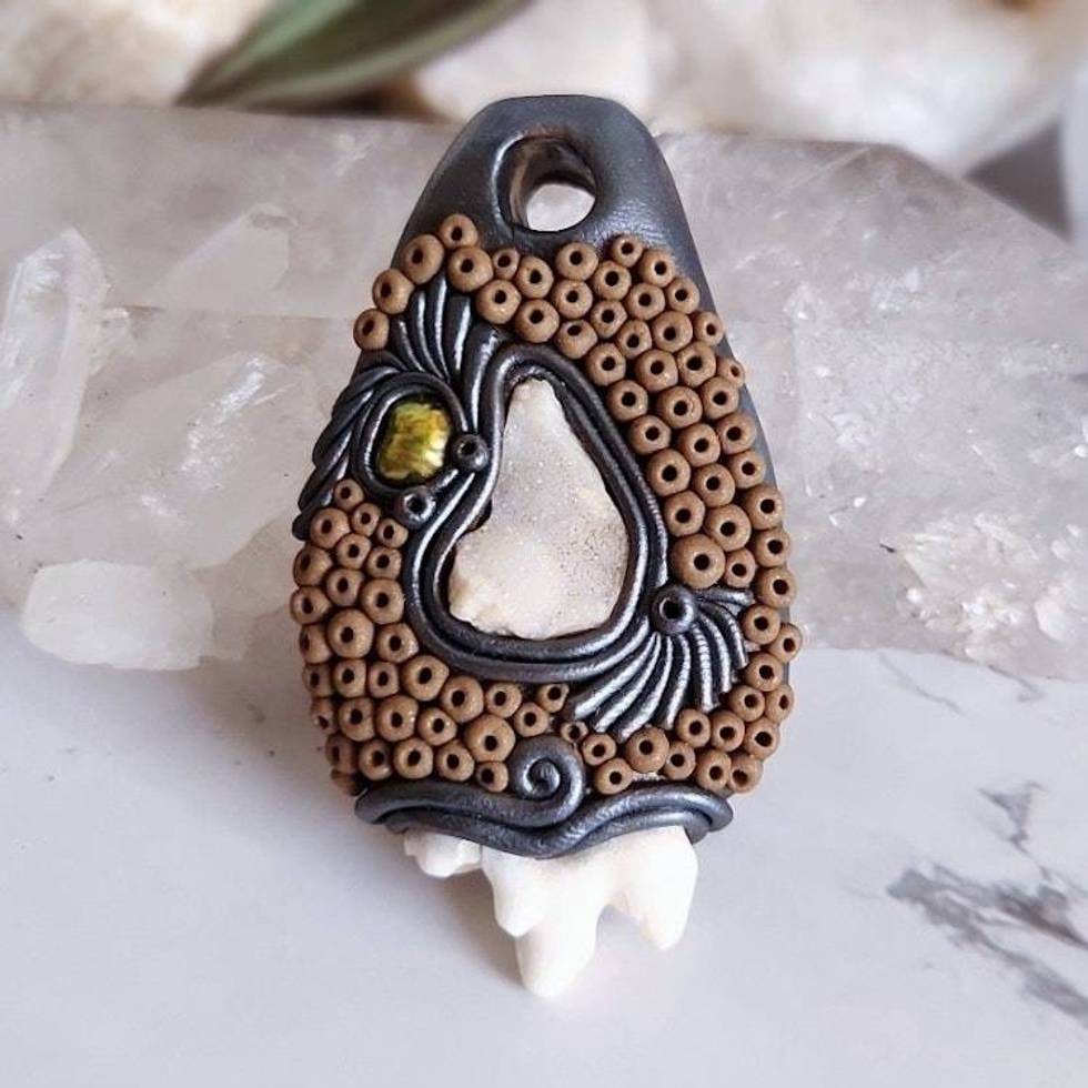 Coyote Tooth, Druzy Quartz and Pearl Polymer Clay Pendant