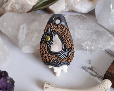 Alternate image for Coyote Tooth, Druzy Quartz and Pearl Polymer Clay Pendant
