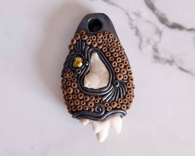 Alternate image for Coyote Tooth, Druzy Quartz and Pearl Polymer Clay Pendant