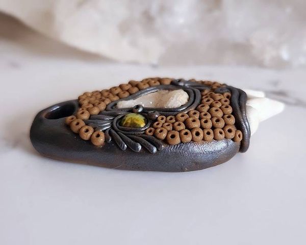 Alternate image for Coyote Tooth, Druzy Quartz and Pearl Polymer Clay Pendant