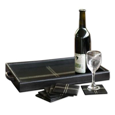 Alternate image for Leather and cedar tray and coaster set Set for 6 Black Tie