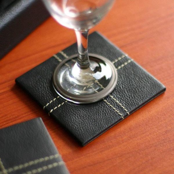 Alternate image for Leather and cedar tray and coaster set Set for 6 Black Tie