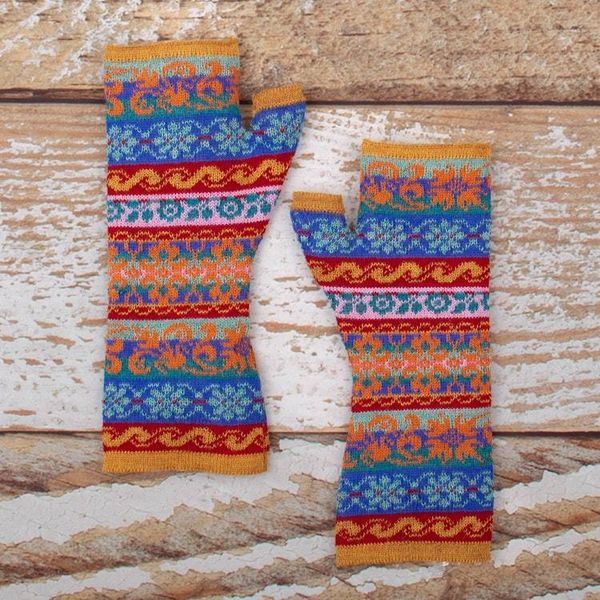 Alternate image for Patterned 100 Baby Alpaca Fingerless Mitts Knitted in Peru Andean Delight