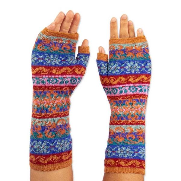 Alternate image for Patterned 100 Baby Alpaca Fingerless Mitts Knitted in Peru Andean Delight