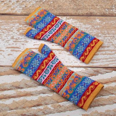 Alternate image for Patterned 100 Baby Alpaca Fingerless Mitts Knitted in Peru Andean Delight