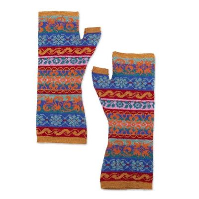 Alternate image for Patterned 100 Baby Alpaca Fingerless Mitts Knitted in Peru Andean Delight