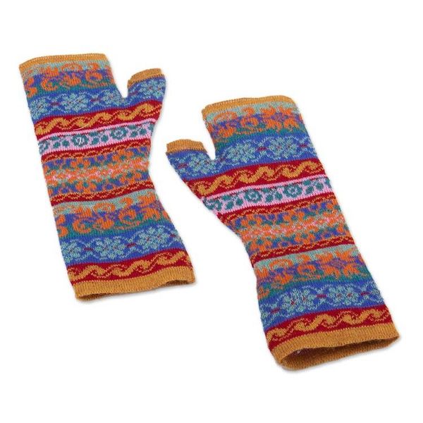 Alternate image for Patterned 100 Baby Alpaca Fingerless Mitts Knitted in Peru Andean Delight