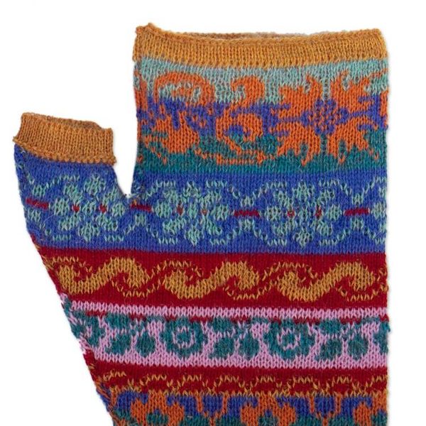 Alternate image for Patterned 100 Baby Alpaca Fingerless Mitts Knitted in Peru Andean Delight