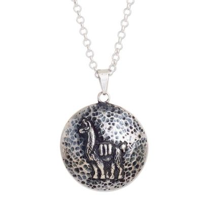 Alternate image for Llama-Themed Sterling Silver Pendant Necklace from Peru Llama Medallion