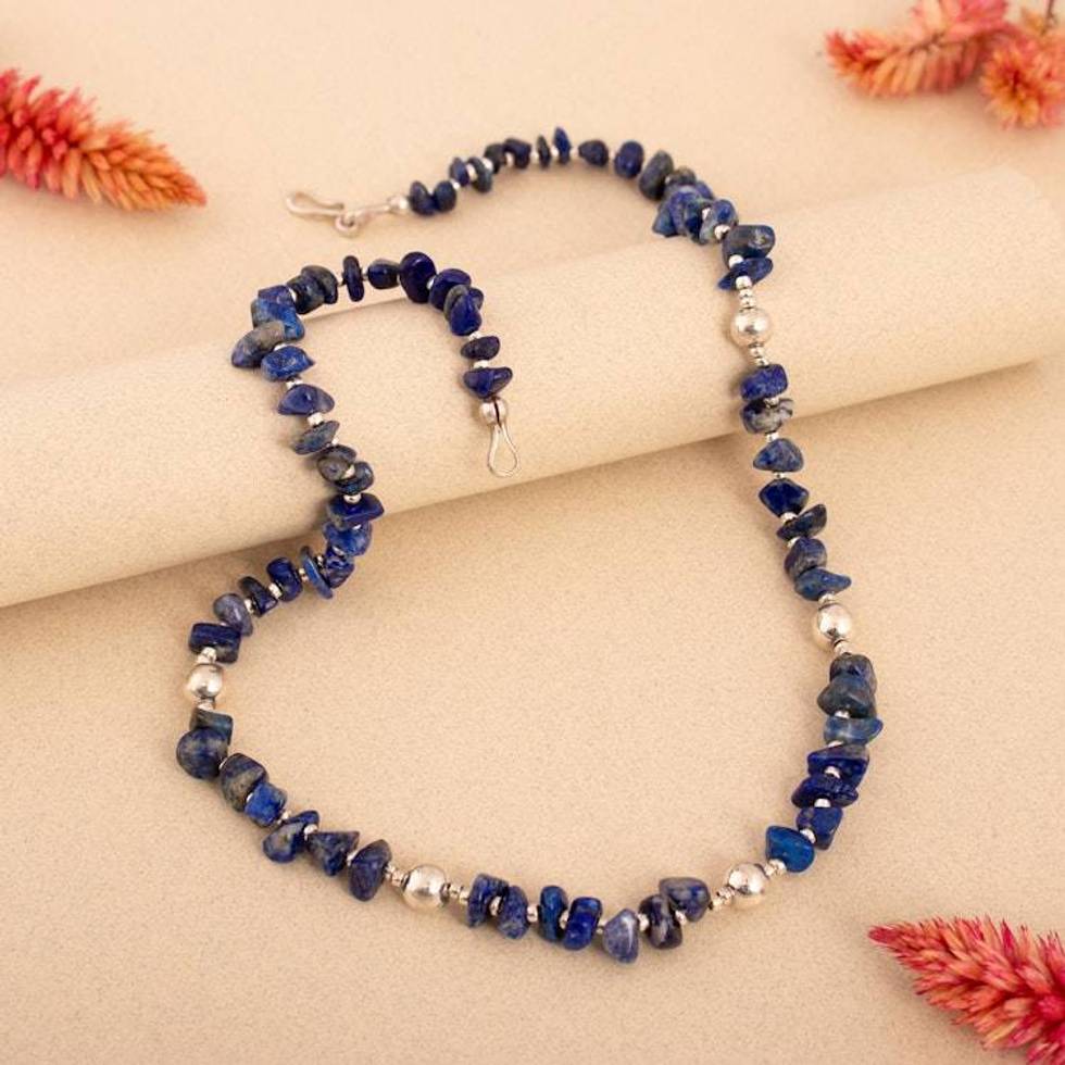 Natural Lapis Lazuli and Sterling Silver Beaded Necklace 'Regal Truth'