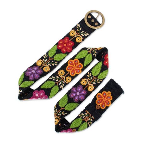 Alternate image for Botanical-Themed Hand-Woven and Embroidered Wool Belt Andean Splendor