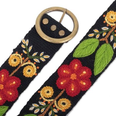 Alternate image for Botanical-Themed Hand-Woven and Embroidered Wool Belt Andean Splendor