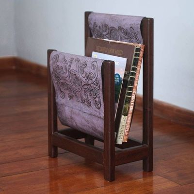Alternate image for Handcrafted Leather and Cedar Wood Magazine Rack Historic Elegance in Lilac