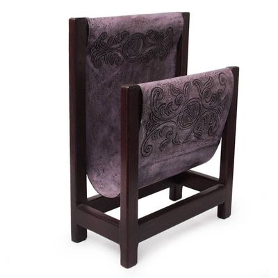 Alternate image for Handcrafted Leather and Cedar Wood Magazine Rack Historic Elegance in Lilac