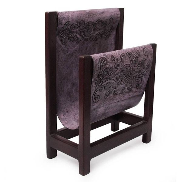 Alternate image for Handcrafted Leather and Cedar Wood Magazine Rack Historic Elegance in Lilac