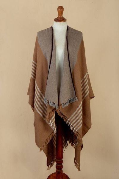 Alternate image for Fringed and Suede Trimmed Baby Alpaca Ruana in Brown  Grey Night Dunes
