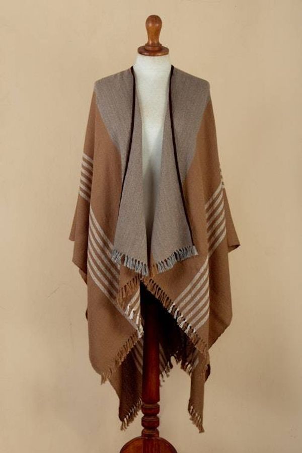 Alternate image for Fringed and Suede Trimmed Baby Alpaca Ruana in Brown Grey Night Dunes