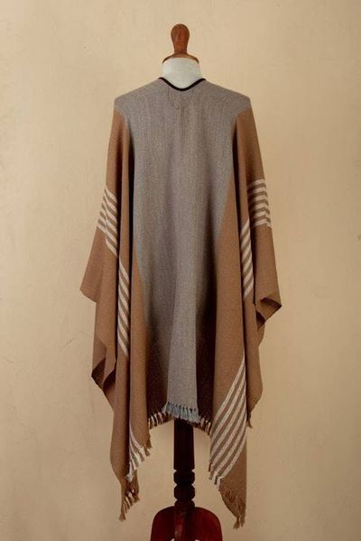 Alternate image for Fringed and Suede Trimmed Baby Alpaca Ruana in Brown  Grey Night Dunes
