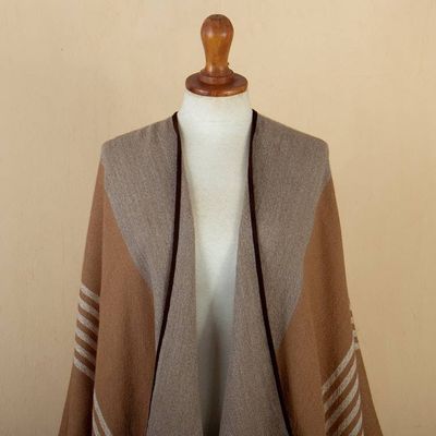 Alternate image for Fringed and Suede Trimmed Baby Alpaca Ruana in Brown  Grey Night Dunes