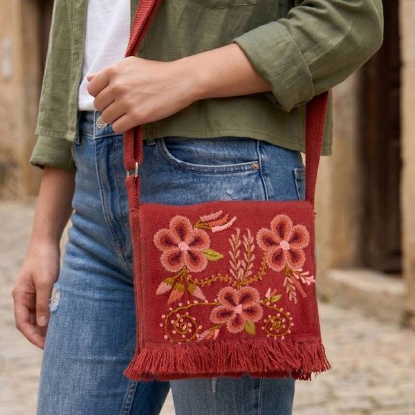 Alternate image for Spring-Themed Handmade Alpaca Blend Sling Bag in Paprika Red Floral Traditions in Paprika