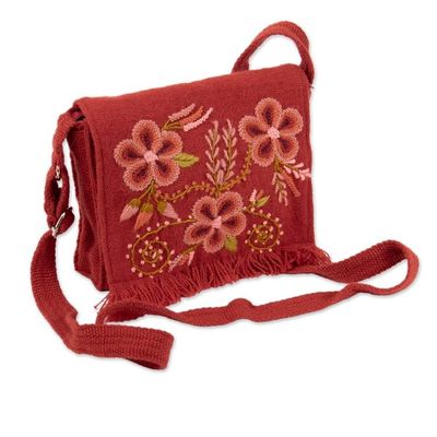 Alternate image for Spring-Themed Handmade Alpaca Blend Sling Bag in Paprika Red Floral Traditions in Paprika