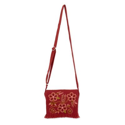 Alternate image for Spring-Themed Handmade Alpaca Blend Sling Bag in Paprika Red Floral Traditions in Paprika