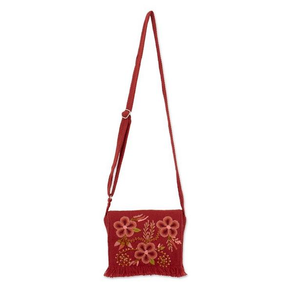 Alternate image for Spring-Themed Handmade Alpaca Blend Sling Bag in Paprika Red Floral Traditions in Paprika