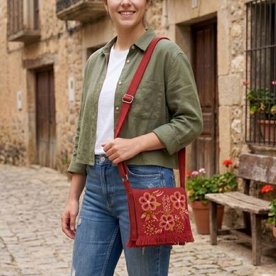 Alternate image for Spring-Themed Handmade Alpaca Blend Sling Bag in Paprika Red Floral Traditions in Paprika