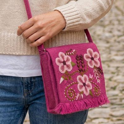 Alternate image for Spring-Themed Hand-Embroidered Azalea Alpaca Blend Sling Bag Floral Traditions in Azalea