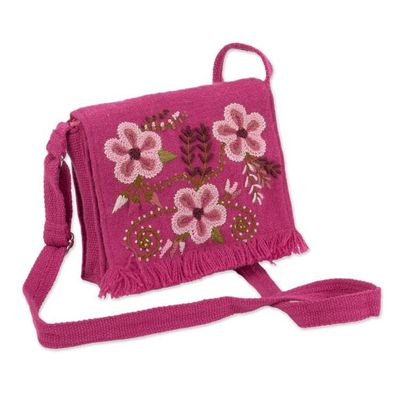 Alternate image for Spring-Themed Hand-Embroidered Azalea Alpaca Blend Sling Bag Floral Traditions in Azalea