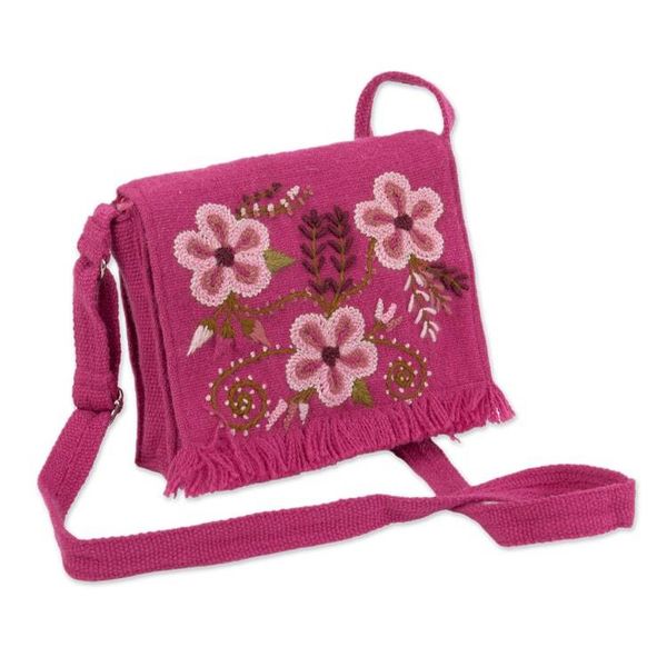 Alternate image for Spring-Themed Hand-Embroidered Azalea Alpaca Blend Sling Bag Floral Traditions in Azalea
