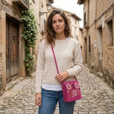 Alternate image for Spring-Themed Hand-Embroidered Azalea Alpaca Blend Sling Bag Floral Traditions in Azalea