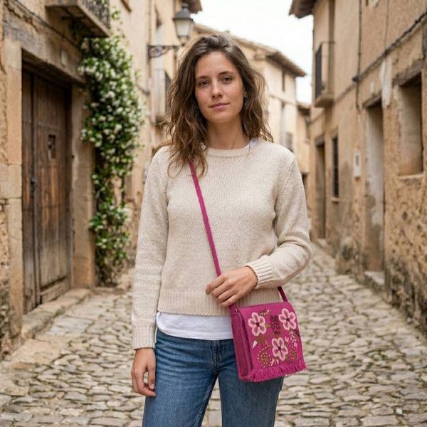 Alternate image for Spring-Themed Hand-Embroidered Azalea Alpaca Blend Sling Bag Floral Traditions in Azalea