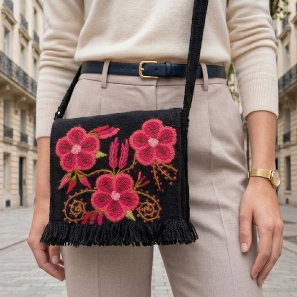 Alternate image for Adjustable Black and Poppy Red Floral Alpaca Blend Sling Bag Floral Traditions at Night