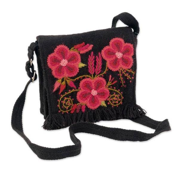 Alternate image for Adjustable Black and Poppy Red Floral Alpaca Blend Sling Bag Floral Traditions at Night