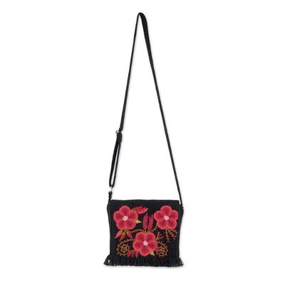Alternate image for Adjustable Black and Poppy Red Floral Alpaca Blend Sling Bag Floral Traditions at Night