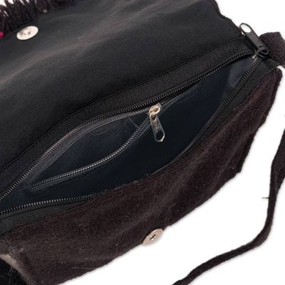 Alternate image for Adjustable Black and Poppy Red Floral Alpaca Blend Sling Bag Floral Traditions at Night