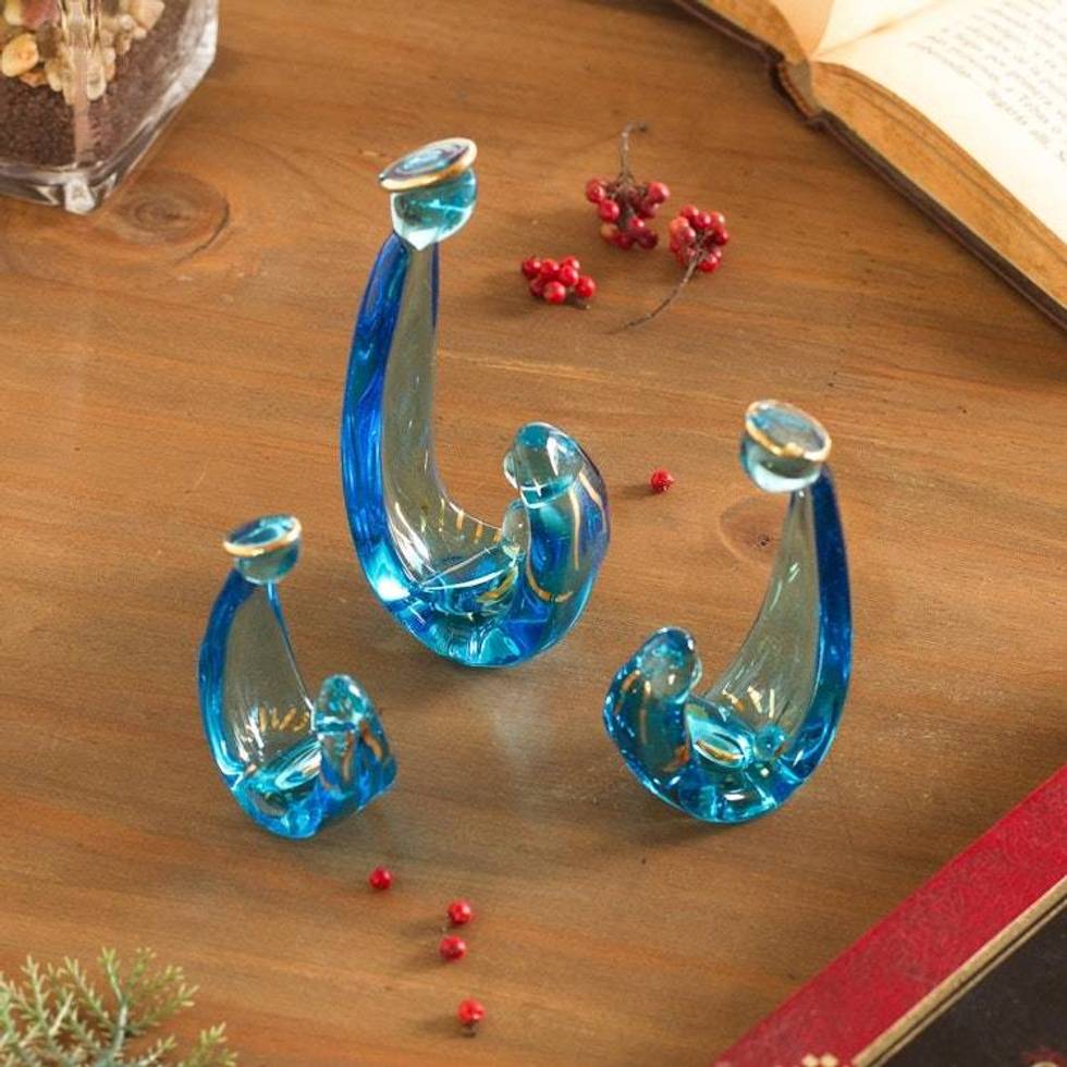Blue Glass Nativity Figurines from Peru 6 Piece 'Gleaming Celebration in Blue'