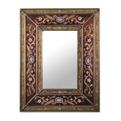 Alternate image for Rectangular Glass Wall Mirror Reverse Painted from Peru Cajamarca Warmth