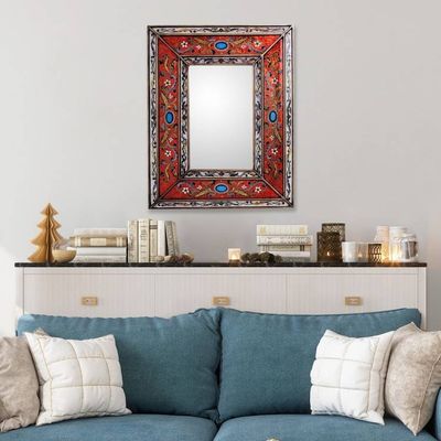 Alternate image for Rectangular Reverse Painted Glass Wall Mirror from Peru Orange Cajamarca Warmth