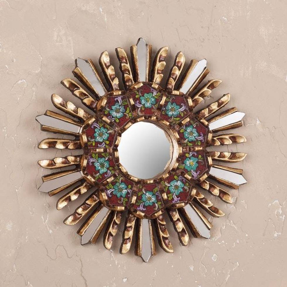 Small Round Reverse Painted Glass and Wood Mirror 'Cuzco Garden'